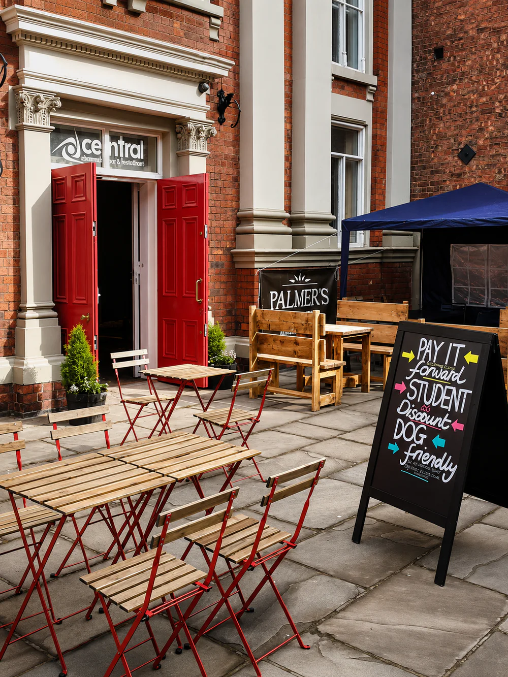 Palmer's entrance and outdoor seating