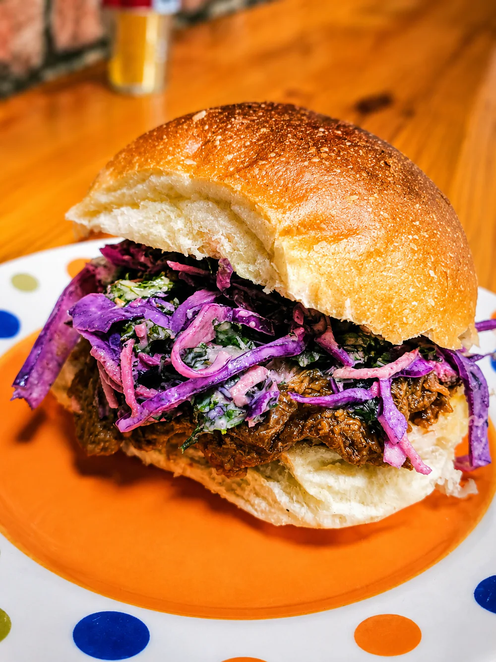 A filled sandwich roll with red cabbage at Palmer's