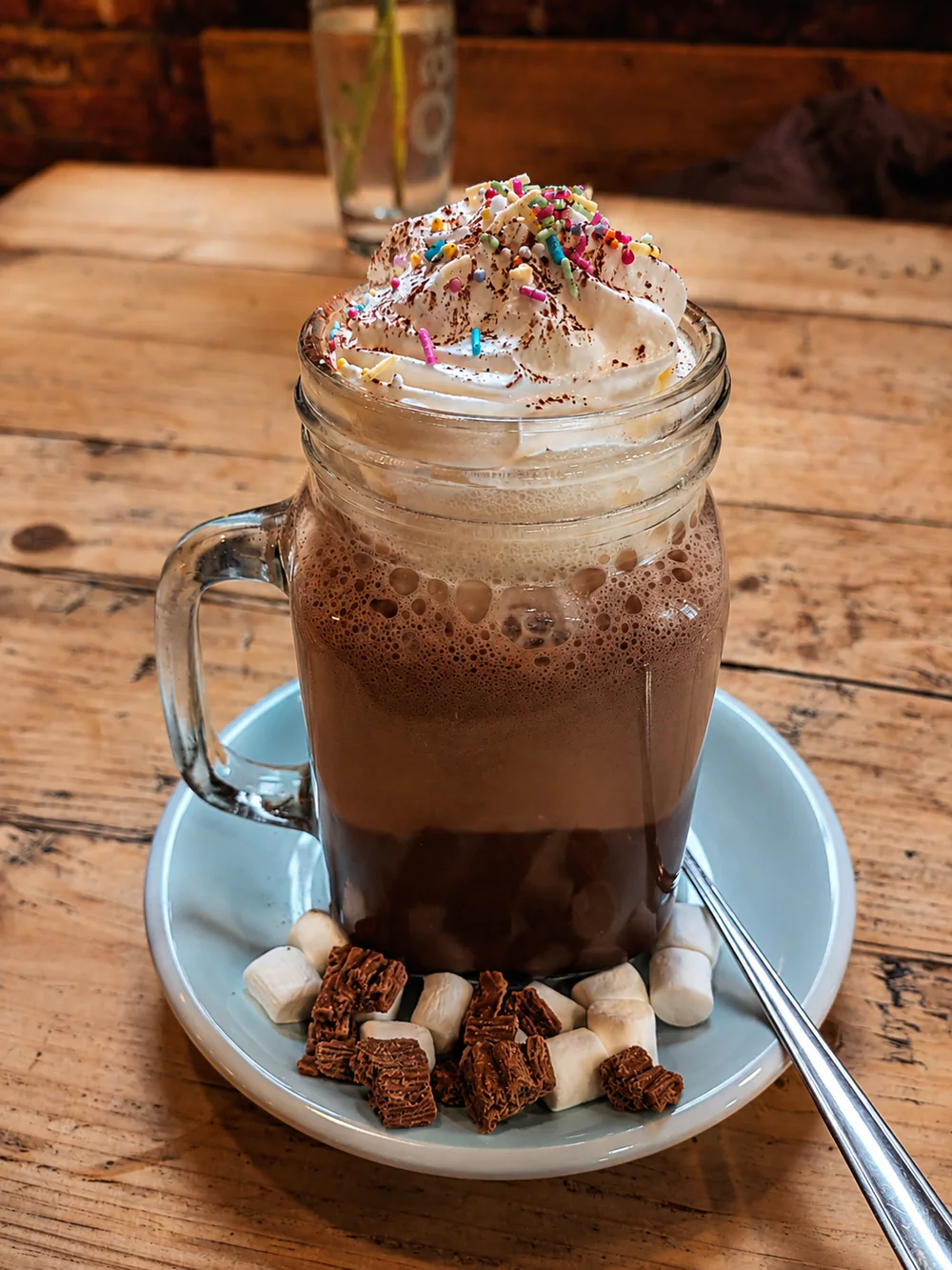 Hot chocolate with whipped cream, sprinkles and marshmallows at Palmer's